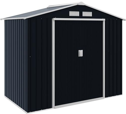 Outsunny Casetta da Giardino 2.5m² in Acciaio Zincato con Basamento e Prese d'Aria, Capanno Porta Attrezzi con Tetto Inclinato, Doppie Porte Scorrevoli Bloccabili, 213x130x185 cm, Grigio Scuro