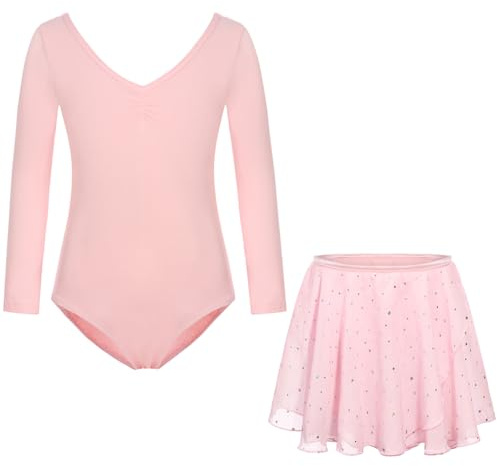 FONLAM Vestido Maillot de Ballet Danza para Niña Maillot Gimnasia Rítmica Manga Larga Falda Ballet Tutú Niña (8-9 Años, Rosa)