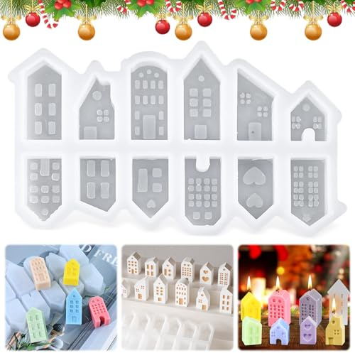 Moules en Silicone Pour maisons, 12 Mini Maisons, Moules en silicone, Bougies à Couler, Moule Silicone Platre, Pour Verser Avec Plâtre, Béton Créatif, Poudre de Coulée, Moule Maison