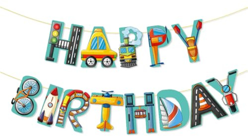 Transportation Happy Birthday Banner, coche, tren, helicóptero, bicicleta, velero, cohete, semáforo, guirnaldas, pancartas colgantes para decoración de fiesta de cumpleaños temática de transporte,