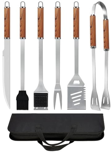 Trongle BBQ Tools Set, 7pcs Stainless Steel Grilling Accessories with Carrying Bag, Wood-Grain Durable BBQ Utensils for Outdoor Cooking, Camping, and Picnics, BBQ Accessories Kit for Men Women Gift