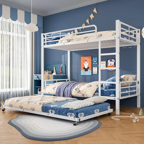 Zravenna Metallbett Hochebett für 3 Kinder 90x200cm & 90x190cm, dreier Etagenbett mit Ausziehbett, Rausfallschutz Kinderbett mit Leiter, Eisenbett, Weiß