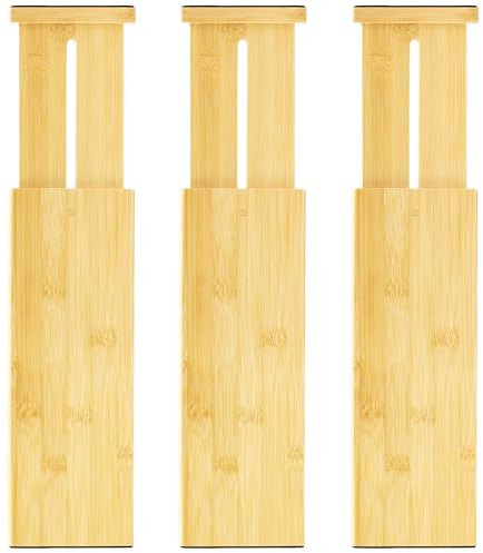 VaeFae Divisori per Cassetti in Bambù Regolabili, 3 Pezzi Separatori per Cassetti, Estensibili da 30,2 cm a 43,5 cm,Organizer Armadio o Cucina, Letto, Bagno,ufficio