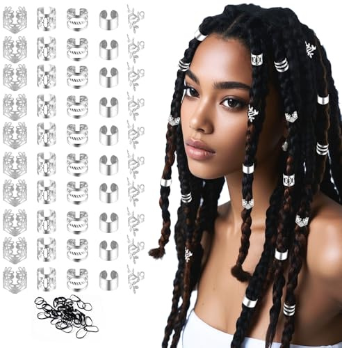 Molirex 50 Pièces Bijoux Cheveux Tresse Argenté et 100 Pièces Noir Mini Elastique Cheveux, Pince Cheveux Réglables Accessoires pour Dreadlocks pour Hommes Femmes