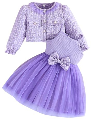 Yanmucy Flickklänningar och kappa set 2 st texturerat blomtryck klänningar långärmad kofta baby flicka kläder kläder för 2–8 år, violett, 2-3 år