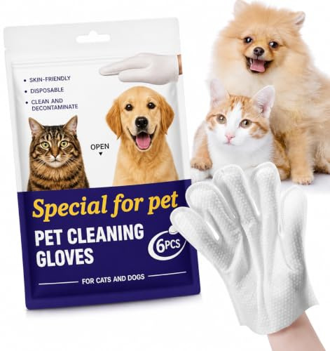 Pet Glove Wipes for Dogs & Cats, 6 Thickened Waterless Dog Cleaning Gloves | Rinse-Free Dog Bath & Grooming Mitts for Fur, Face, Ears, Eyes, Paws & Bum, Daily Care & Travel