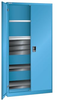 Lista Armoire à portes battantes avec 4 étagères Bleu clair 1950 x 1000 x 580 mm | Corps vide avec 2 tablettes, 2 tablettes coulissantes et 3 tiroirs, bleu clair