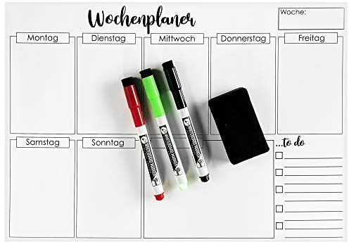 Clever Gadgets magnetischer Wochenplaner + 3 Whiteboard-Marker& Schwamm/ 38cm x 26cm / abwischbar/Kühlschrank-Planer/Fitness-Planer/Magnet-Planer