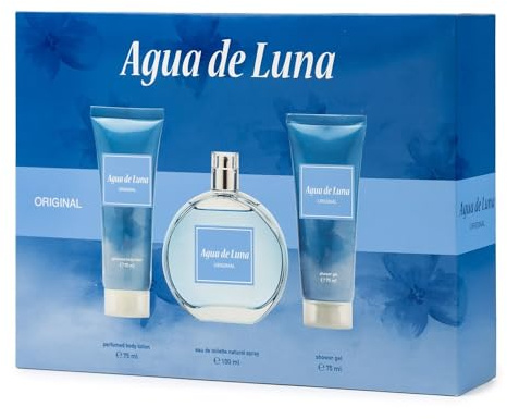 AGUA DE LUNA - Original Colonia 100 ml + Gel de Baño 75 ml + Loción Corporal 75 ml, Estuche de Regalo Mujer, Eau de Toilette Natural y Femenina, Aroma Floral, Fragancia Fresca y de Larga Duración