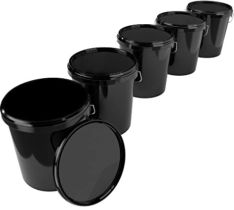 5X Cubo con tapa de 16 litros negro - apto para alimentos, hermético y estable, cubo vacío con asa y tapa de cierre para alimentos, productos químicos, pintura de pared, detergente en polvo, adhesivos