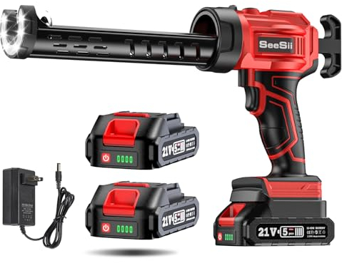 SEESII Silicone Sealant Gun with 2x2000mAh-Batteries, 21V Electric Caulking Gun with LED Light, 4 Adjustable Speeds, Auto Retract for Filling and Sealing