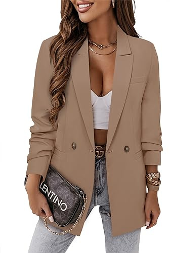CRAZY GRID Women Business Casual Blazer Jacket Fashion Work Professional Suit Jacket Ladies Long Sleeve Stretch Formal Office Blazer S Khaki