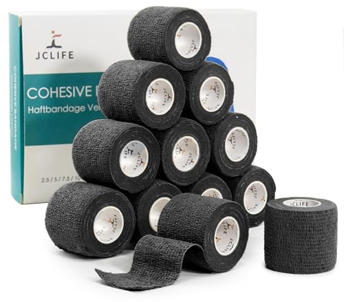 JCLIFE Venda Autoadhesiva Cohesiva Elástica, 5 cm x 4.5 m, Pack de 12 Rollos - Ideal para Lesiones Deportivas y Soporte Muscular Negro
