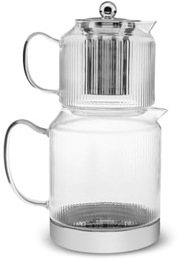 Karaca Kelly Set de Théière en Verre Borosilicate avec Infuseur en Acier Inoxydable, Bouilloire de 1,5 L et Théière en Verre de 0,6 L avec Filtre, Théière Turque, Caydanlik