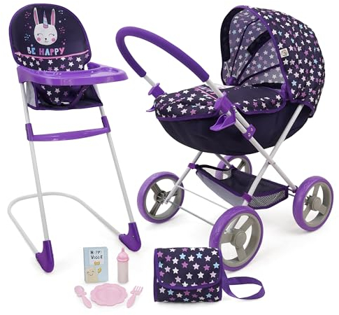 509 Crew Bunnicorn Combo de Juego de 8 Piezas: Cochecito Clásico, Silla Alta, Bolsa de Pañales, 5 Juguetes de Alimentación para Muñecas de 46cm, Juego de Simulación para Niños de 3+