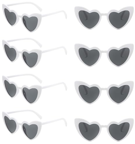 Rongxze 8 Paires Lunettes Coeur, Lunettes de Soleil Coeur Vintage, UV400 et Protection UV Lunettes de Soleil en Forme de Cœur pour Mariage Voyage Shopping Anniversaire Carnaval Fête (Blanc)