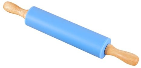 Wooden Handle Rolling pin 23 * 4CM, Stainless Steel Rotating Silicone Rolling pin Used for Baking, Large Dough, Pizza, Pasta, Cookies, Pie Crust (Blue)
