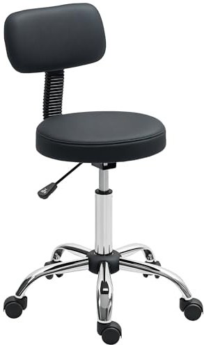 HOMCOM Drehhocker Hocker mit Rädern und Rückenlehne Höhenverstellbarer Arbeitshocker 78-93 cm Sitz gepolstert in schwarzem Kunstleder