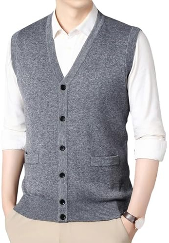 Rivccku Cardigan Homme Cachemire 100% Pulls sans Manches et Col en V Profond Tricoté avec des Boutons