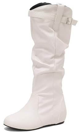 Slouchy - Stivali alti al ginocchio da donna, tacco basso, alla moda, vintage, comodi, larghi, tinta unita, casual, con tacco piatto, per autunno e inverno, stivali lunghi al polpaccio, B bianco, 35.5