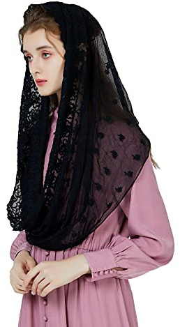 BEAUTELICATE Infinity Mantilla Veil Catholic Church Latin Mass Holy Communion Religious Ceremony Head Cover Formal Lace Scarf Off White Black V102