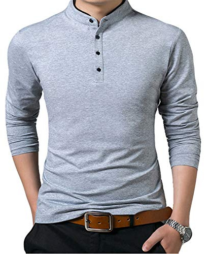 VANVENE Mens Polo Shirt Long Sleeve Henley Shirts Cotton Casual Tops Classic Vintage T Shirt Grey XL