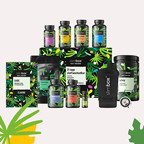 SLIMBOX CLASSIC | 21 Tage Stoffwechselkur | Diät Set mit Eiweißpulver Vanille, 100% hormonfreie Saccharose-Globuli, Glucomannan, Flohsamenpulver, Omega-3, Multivitamine, OPC, MSM, Tee uvm.…