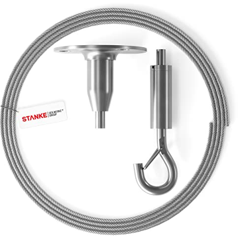 Seilwerk STANKE 4x kit 8B set: 2 m Cavo in acciaio inossidabile 7x7 diametro 1,5 mm, 1x supporto a soffitto, 1x gancio con corda regolabile per appendere quadri, poster