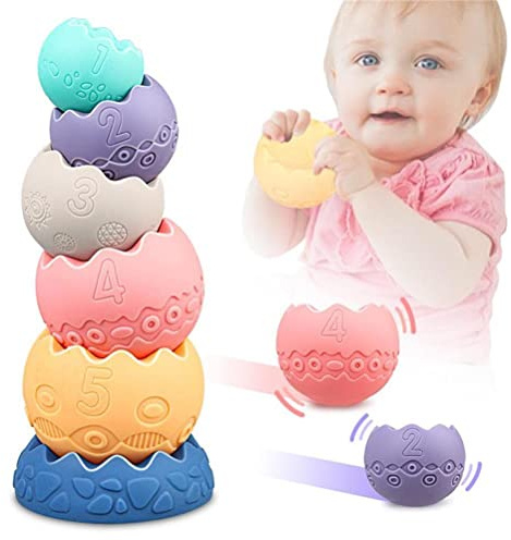 Baby Sensory Balls Teething Toys 6 9 12 18 Months Soft Building Blocks Toddlers Montessori Fine Motor Skills Stacking Ring Infant Boys Girls Easter Basket Stuffers Gifts One 1 2 3 Year Old