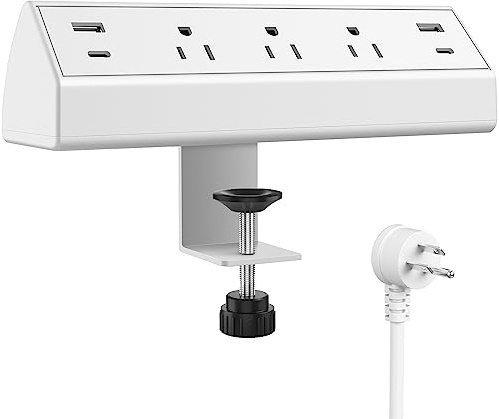 Jgstkcity Desk Clamp Power Strip,40W Total Fast Charging Station,2 PD 20W USB C Ports,Desk Edge Mount Surge Protector for Home, Office,3 Outlets,Fit 1.96 Tabletop Edge,ETL Listed,White