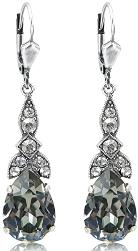 Jugendstil Ohrringe Silber Grau Black Diamond Kristalle Tropfen hängend NOBEL SCHMUCK