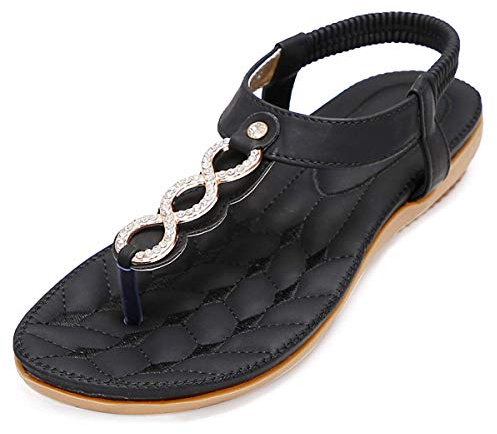 Amissz Sandalias de Mujer Comodas Plana Verano Bohemia Playa Zapatos Moda Casuales Sandalia Chanclas Romanas de Damas Estilo 2 Negro 44EU