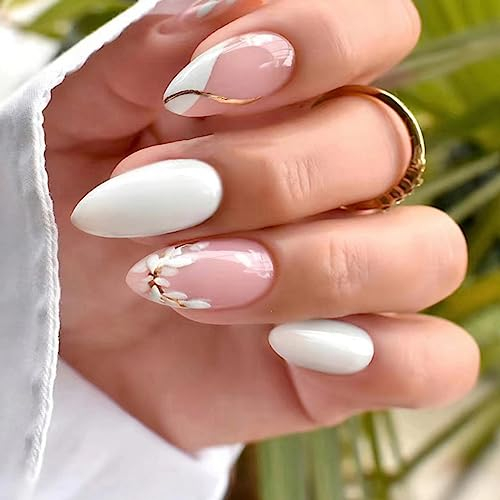 JUSTOTRY 24 Stück Weiß Mandel Nägel Zum Aufkleben Kurz mit Blumen,Milchig French Künstliche Nägel,Trendy Swirl Stiletto Kunstnägel Press on Nails,Fingernägel Fake Nails Mittel für Frauen