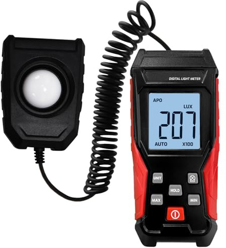 Light Meter Lux Meter Handheld Photometer 0.1~200,000Lux / 0.01~20,000FC Range Digital Illuminance Lightmeter Luxmeter with 4 Digit LCD Display & Flexible Sensor for Plants, Headlights, Lumens LEDs
