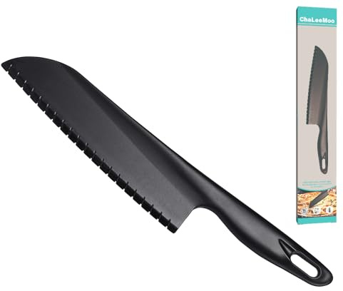 ChaLeeMoo 11 Nylon Knife for Nonstick Pans, Plastic Serrated Kitchen Cutter to Cut Cake Brownie Pie Lasagna or Various Veggies and Fruits, Non-Metal Salad or Lettuce Knife, Black