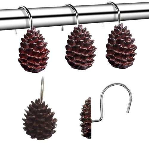 YUKUNTANG Pinecone Shower Curtain Hooks, 12 Pcs Anti Rust Decorative Shower Sliding Hooks Resin Pothook Bathroom Rolling Hangers for Christmas Bedroom Decor