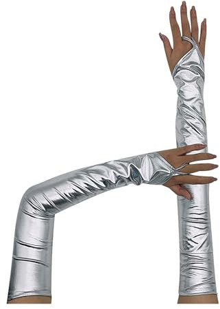 Agoky Damen Metallic Fingerlose Lange Handschuhe Lack Leder Optik Armstulpen Tanzhandschuhe Abendhandschuhe Fäustlinge Kleidung Zubehör Silber Einheitsgröße