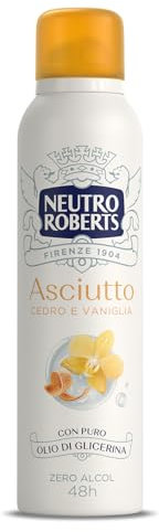 Neutro Roberts, Deodorante Spray Asciutto Cedro e Vaniglia, Zero Alcol, Con Cotone Naturale, Con Puro Olio di Glicerina, Deodorante Uomo e Donna, Dermatologicamente testato, 150 ml, 48h