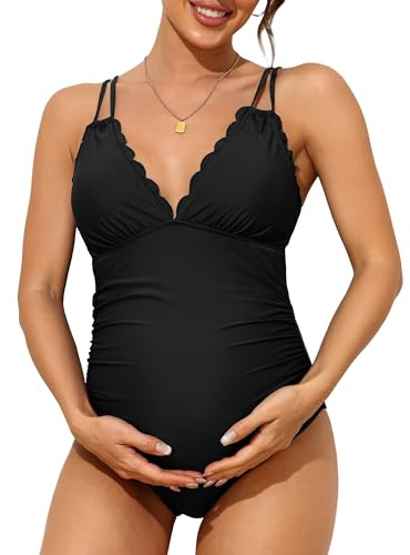Charmo Maternity Swimsuit One Piece Tie Back Bathing Suit Scallop Trim V Neck Pregnancy Swimwear Ruched Cutout Swimsuit Black