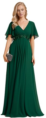 Ever-Pretty Vestito Donna Elegante Scollo a V Maniche a Volant Stile Lungo Abito Cerimonia Donna Verde Scuro 50