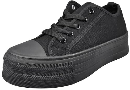 LoudLook Ladies Platform Trainers Canvas Pumps Gym Lace Up Comfy Heel Summer Casual Shoes Sizes Black 4
