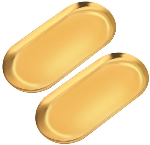2 Stück Gold Edelstahl Tablett Kleine Ovale Tablett Dekotablett Gold Schmuckschale Oval Ablageschale für Schmuck Dessert Obst Kerzen (17,5 x 8,5 cm)