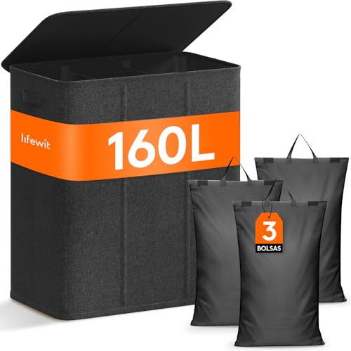 Lifewit 160L Extra Large 3-Section Laundry Basket with Lid, Dark Grey | Removable Washing Bags, Divided 3-Compartment Clothes Sorter for Bedroom, Bathroom and Dorm