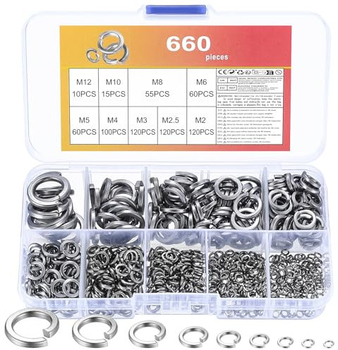 660 PcsRondelles Metal, Rondelles Plates, Rondelles à Ressort, Rondelle en Acier Inox de Blocage Fendues en Spirale, Rondelle à Créneau DIN 127 Forme B, M2 M2.5 M3 M4 M5 M6 M8 M10 M12