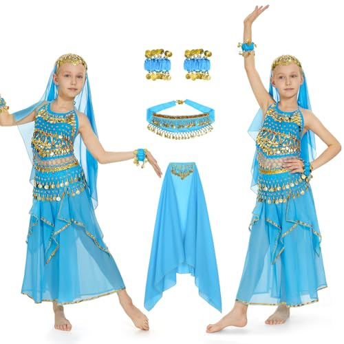 Joellfuner Niña Traje Danza del Vientre Lentejuelas, Danza Vientre Vestido de Princesa, Disfraz Infantil del Vientre con Velo, Vestidos de Carnaval de Rendimiento de Baile (Azul, M)