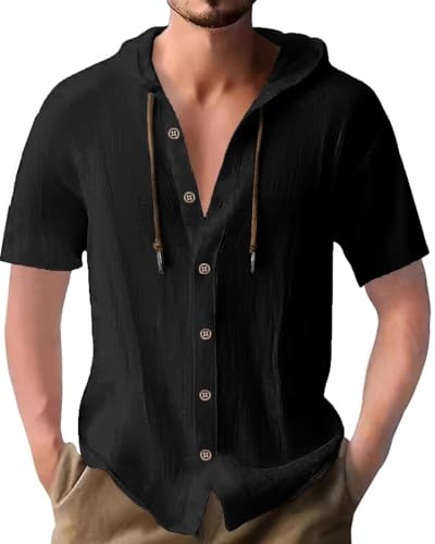 PRIVIMIX Chemise pour Hommes Manches Courtes Boutonnée Chemises à Capuche Lin Coton Regular Fit Été Plage Shirt Noir XXL