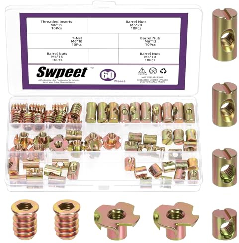 Swpeet 60pcs M6 × 10/12/15/20 Färg zinkpläterade tunnmuttrar med gängade insatser och T-muttrar sortiment kit, Cross Dowels slottade muttrar, 4-spickade Tee muttrar, möbelmuttrar