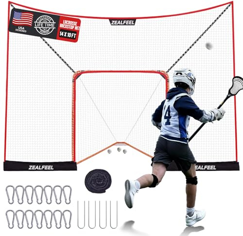Lacrosse Backstop Net 14x10FT, Extra Large Coverage with 14mm Foam-Wrapped Fiberglass Pole for Shooting Training, 4-Strand Tear-Resistant Netting, Sandbag & Stakes(Lacrosse Goal NOT Included)