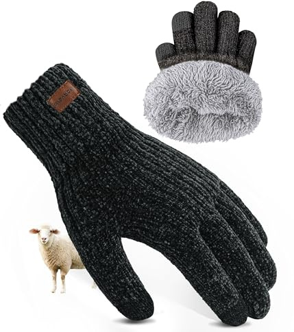 FORVEVO Mens Gloves Winter, Wool Thermal Gloves, Warm Knitted Touch Screen Glove for Running Cycling Biking Driving Walking (Black)