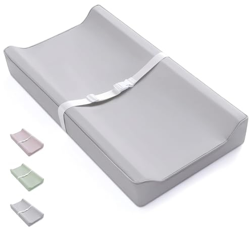 80 * 40 * 10CM Deluxe Anti-Roll Wedge Nappy Baby Changing Mat with Wipe-Clean PU Cover, Curved Sides and Raised Edge,Adjustable Safety Belt, Non-Slip, from Birth Upwards (Grey)